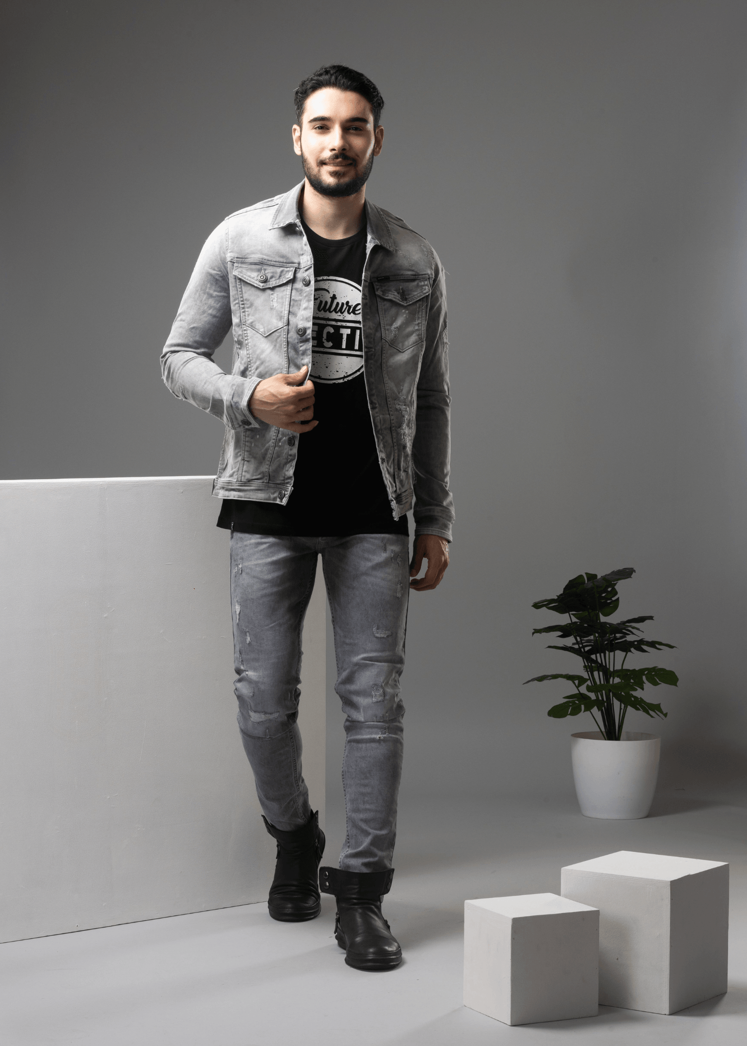 Grey jeans and jean jacket hotsell